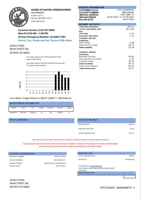 United States Board of water commissioners water utility bill in Word and PDF formats